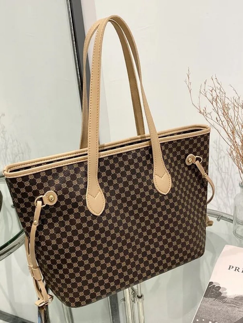 Designer-Style Brown Tote with Tan Trim